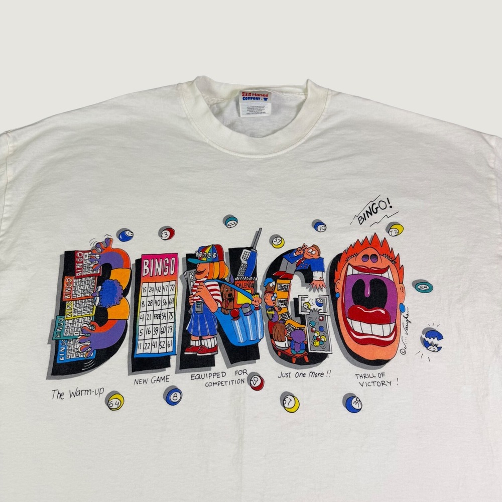 Vintage Hanes Bingo Graphic T-Shirt XL White Humor Cartoon Short Sleeve Tee